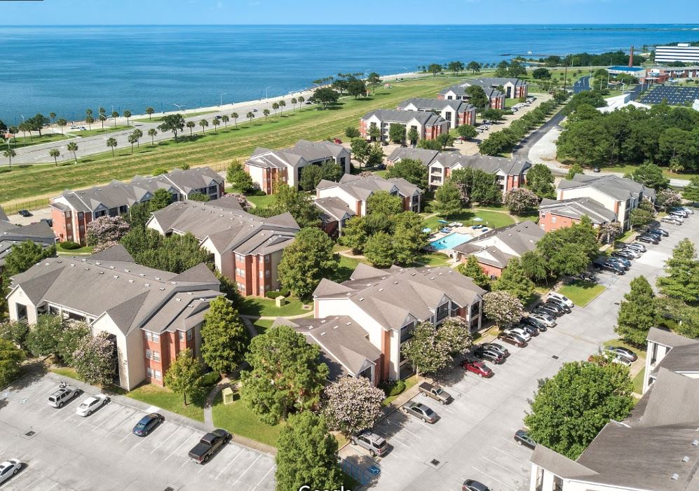 Aerial view of privateer place, including the lake
