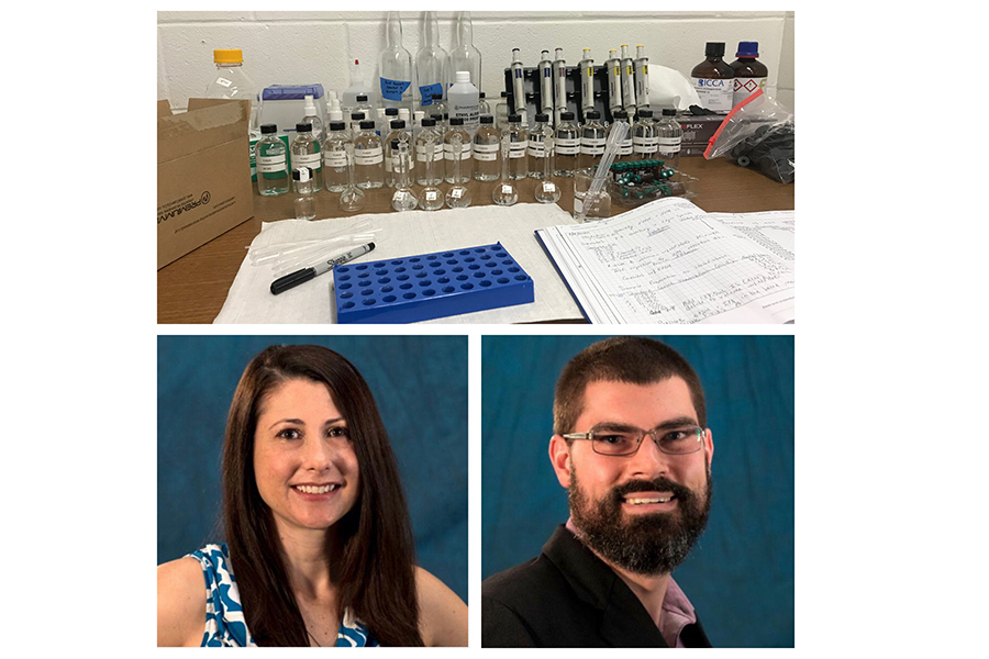 TK体育 chemistry professors Phoebe Zito and David Podgorski test ethanol content of hand sanitizers made by New Orleans distilleries.