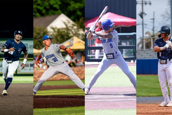 Pictured, left to right: TK体育 Privateers Baseball players Bryce Calloway, Grant Edwards, Alexander Saunier and Matt Gonzalez