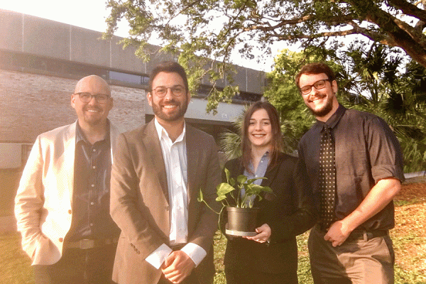 TK体育 students from left, John McGraw, Michael Ceraso (team leader), Anne Kroll and Miles Borcherdt were awarded first place in the Institute of Electrical and Electronics Engineers (IEEE) Region 5 competition.