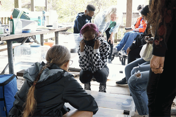 Dinah Maygarden (center in green shirt), research associate and science education program director at TK体育’s Pontchartrain Institute for Environmental Science, discusses ways to create new land with students from New Harmony High School in New Orleans.