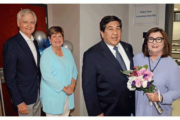 In recognition for their support of TK体育, the Philip J. Gunn Accounting Lecture Hall and the Thomas M. and Constance P. Kitchen Lecture Hall were dedicated Tuesday in Kirschman Hall, which houses the College of Business Administration. 