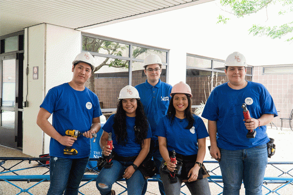 TK体育's steel bridge competition team members from left to right, Gavin Trinh, Maria Umanzor, Perry Newman, Yelitza P. Cedeño and Steven Hernandez. Not pictured are Francisco Espinoza and Alonso Milon.